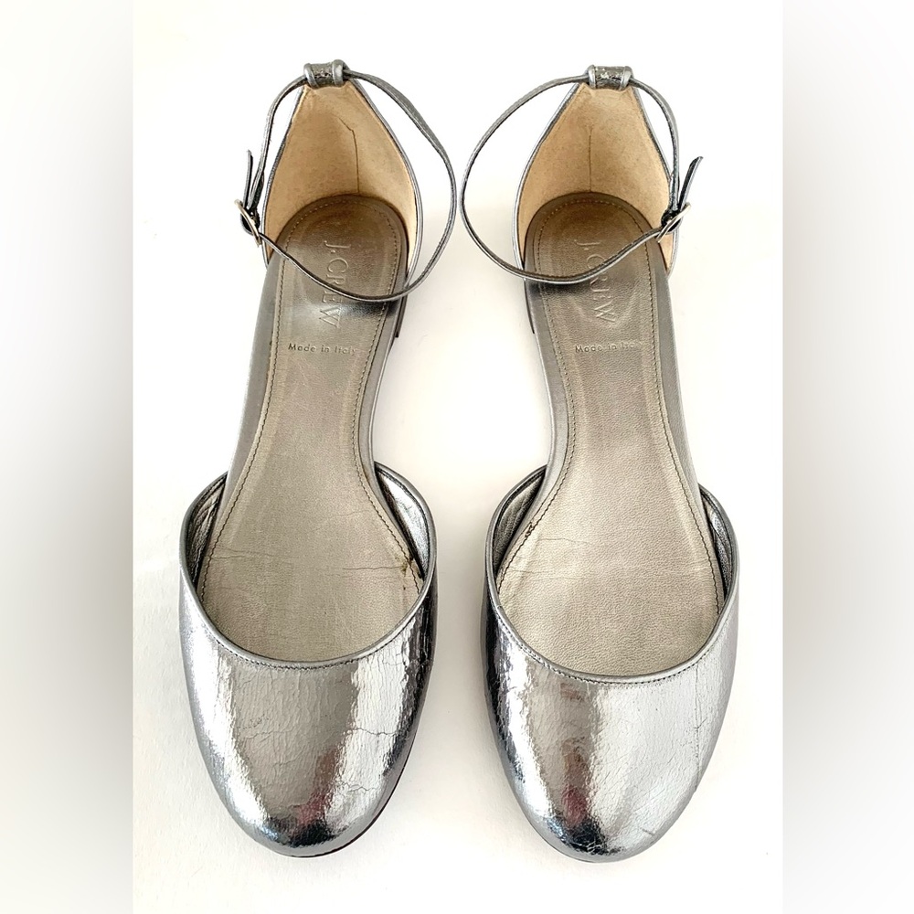 J. Crew Metallic Silver Ankle-Strap Flats